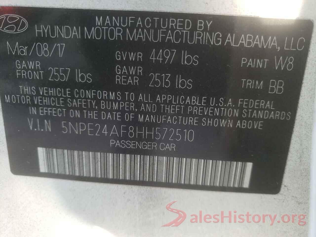 5NPE24AF8HH572510 2017 HYUNDAI SONATA