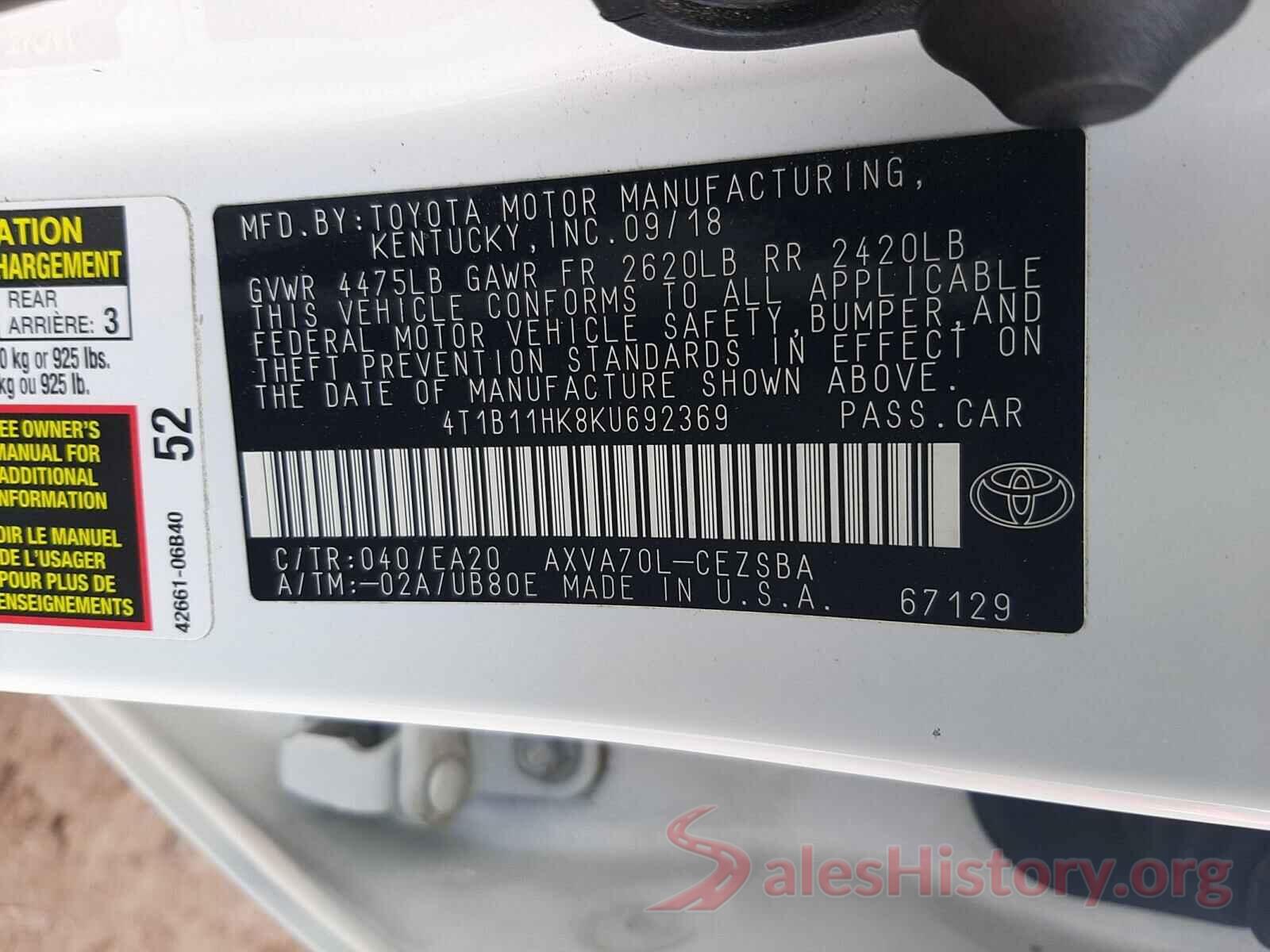 4T1B11HK8KU692369 2019 TOYOTA CAMRY