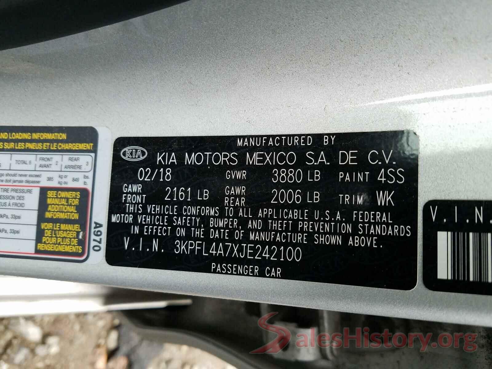 3KPFL4A7XJE242100 2018 KIA FORTE