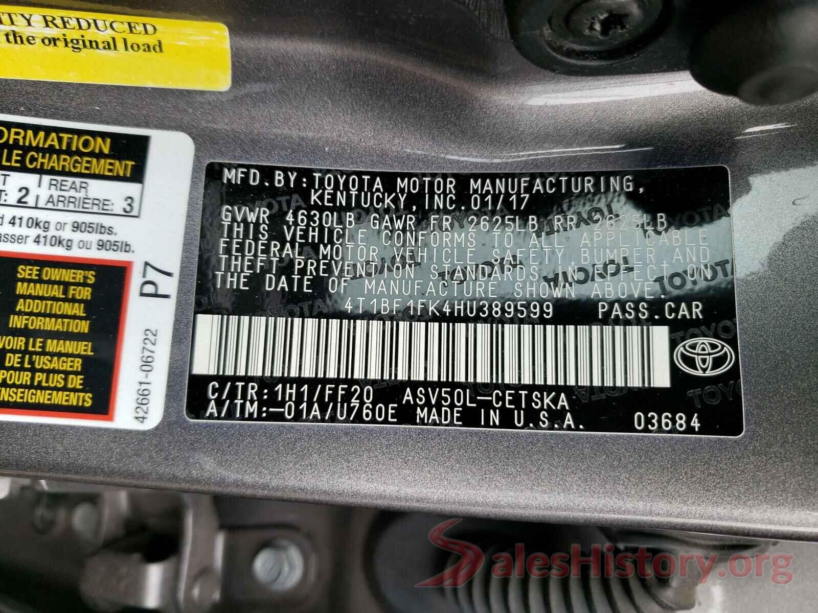 4T1BF1FK4HU389599 2017 TOYOTA CAMRY