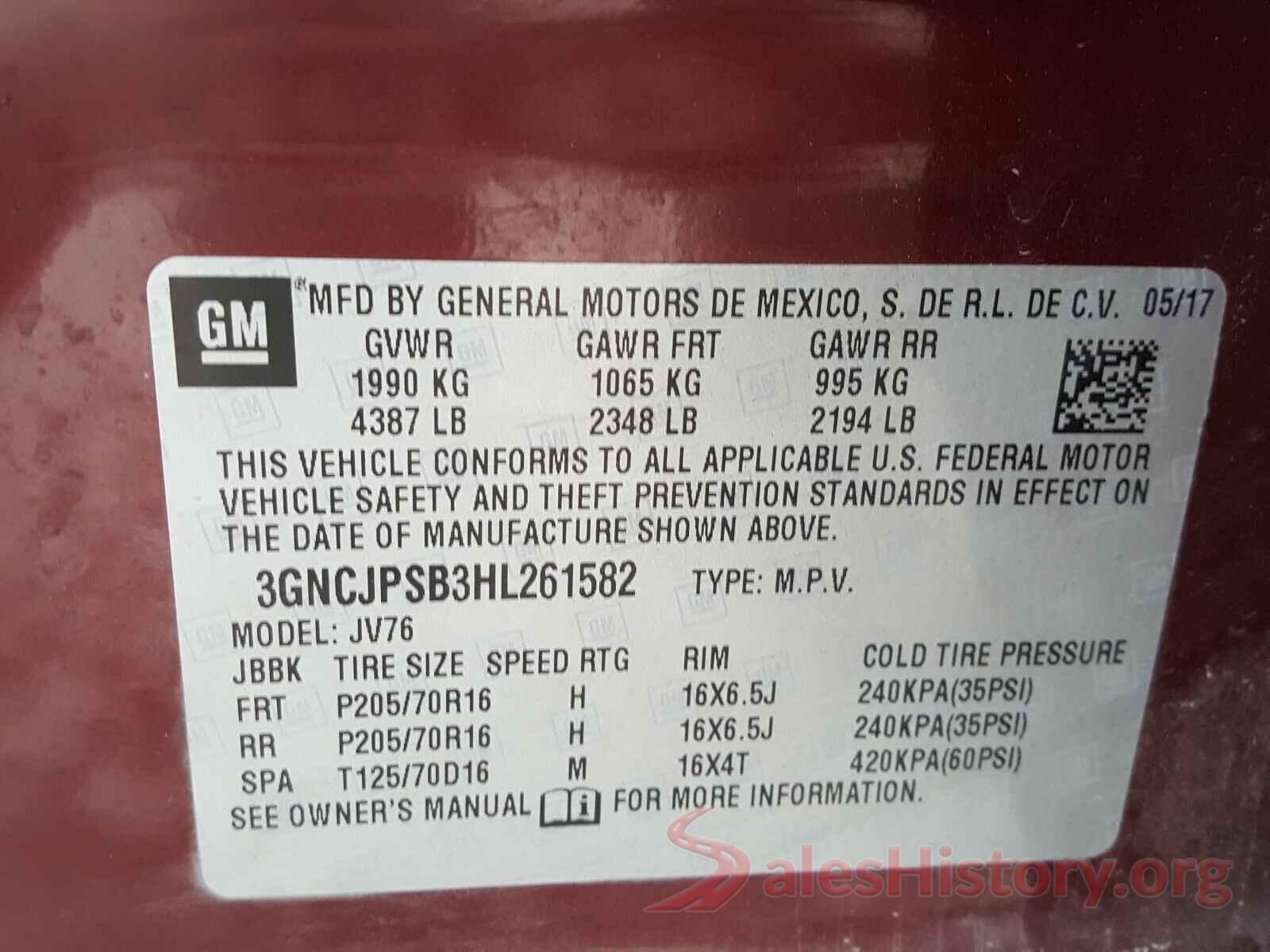 3GNCJPSB3HL261582 2017 CHEVROLET TRAX