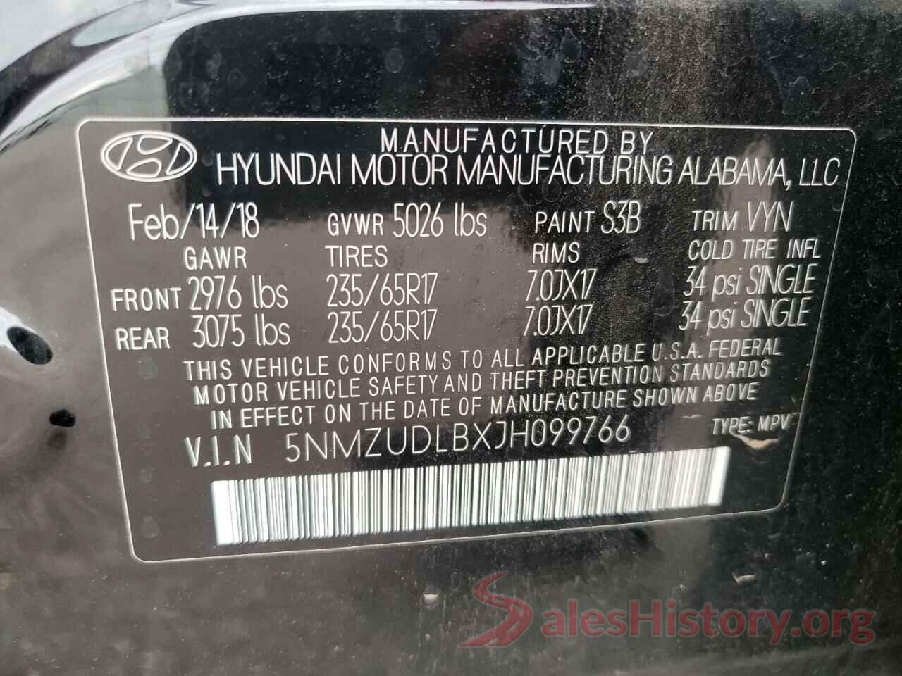 5NMZUDLBXJH099766 2018 HYUNDAI SANTA FE