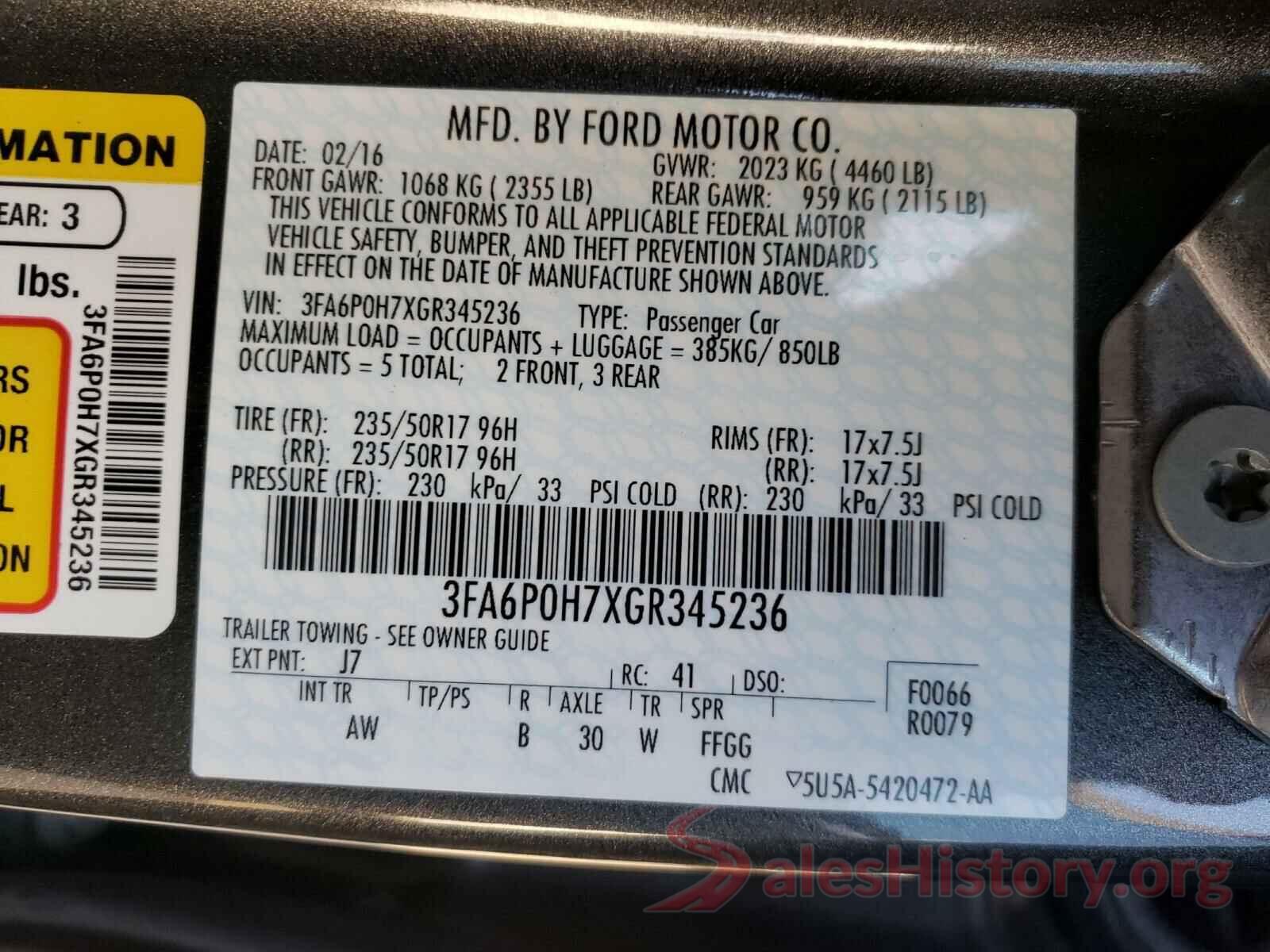 3FA6P0H7XGR345236 2016 FORD FUSION