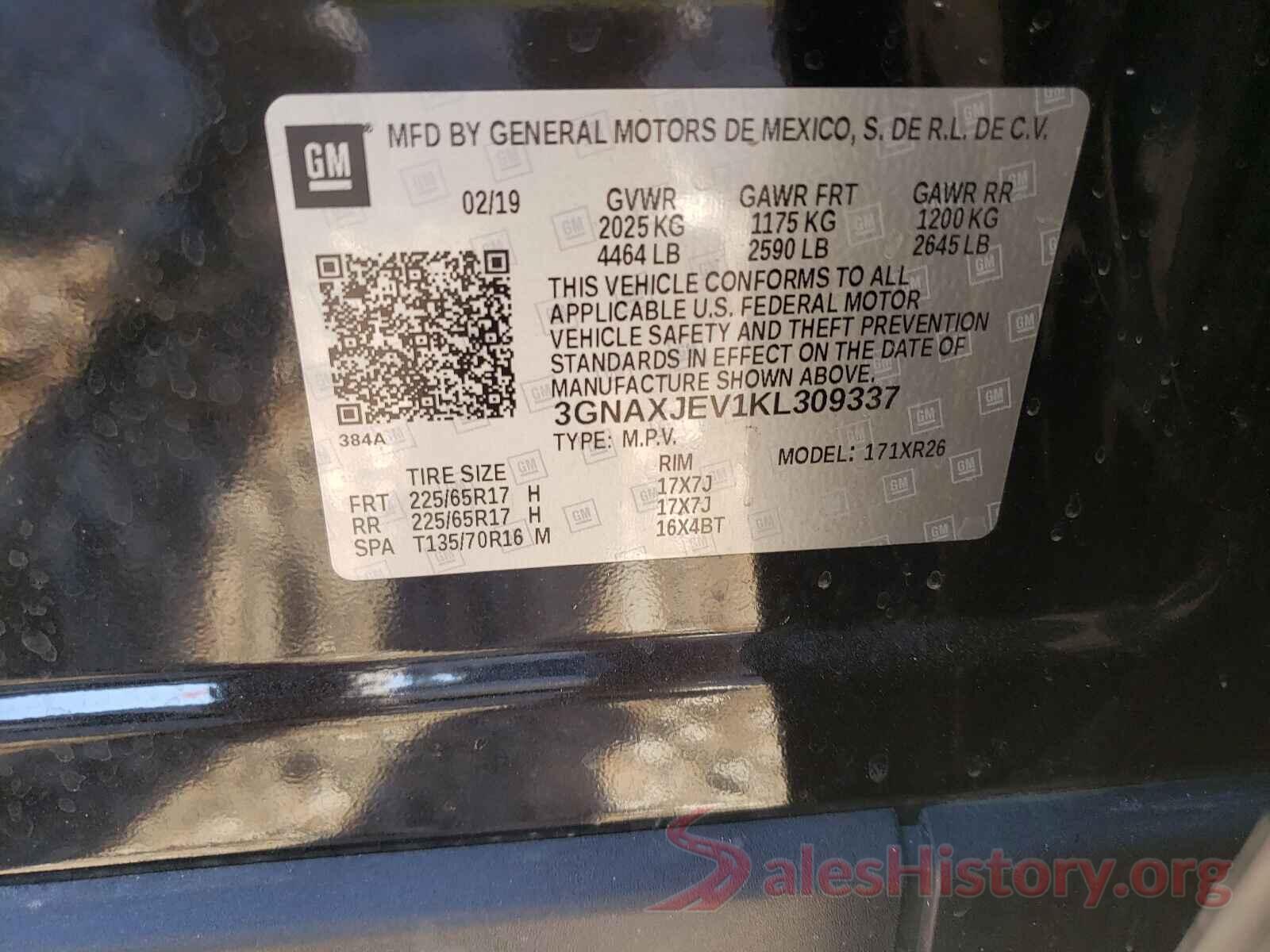 3GNAXJEV1KL309337 2019 CHEVROLET EQUINOX