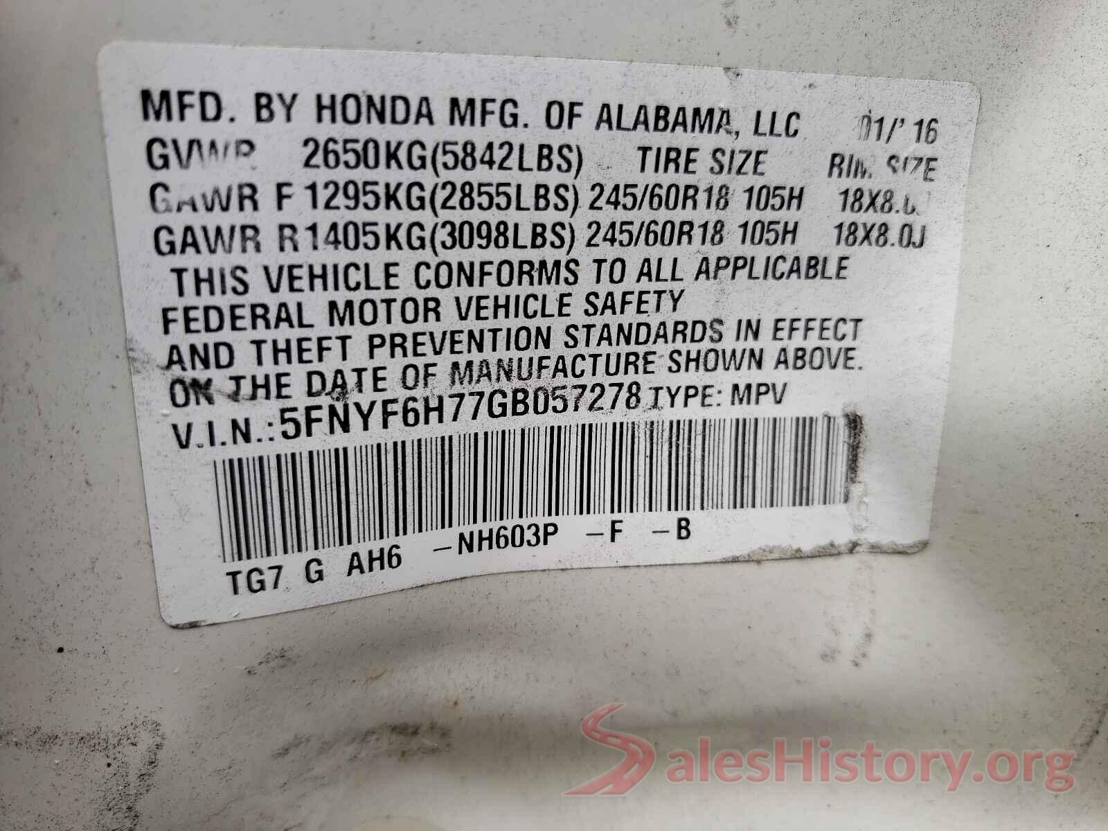 5FNYF6H77GB057278 2016 HONDA PILOT