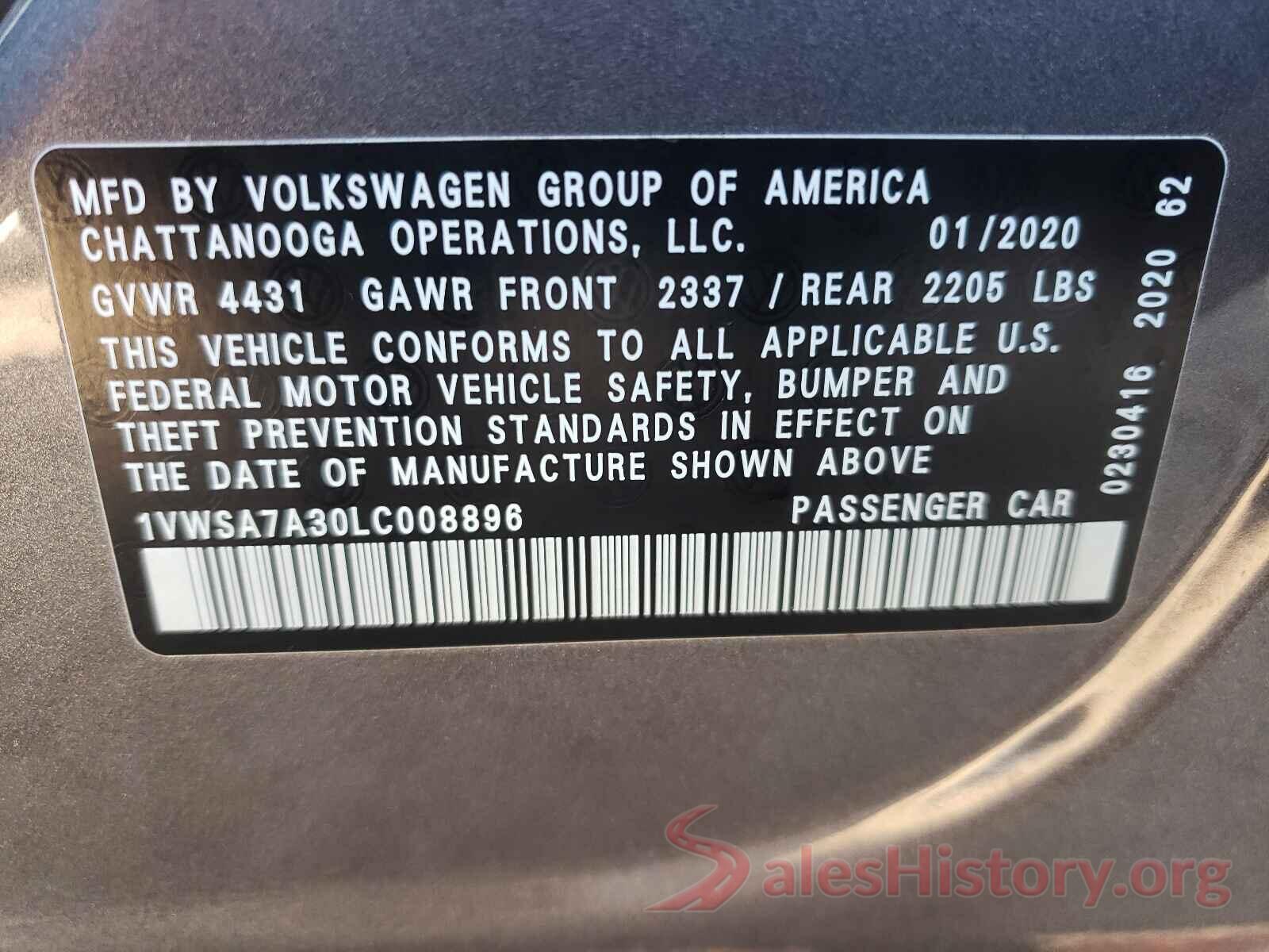 1VWSA7A30LC008896 2020 VOLKSWAGEN PASSAT