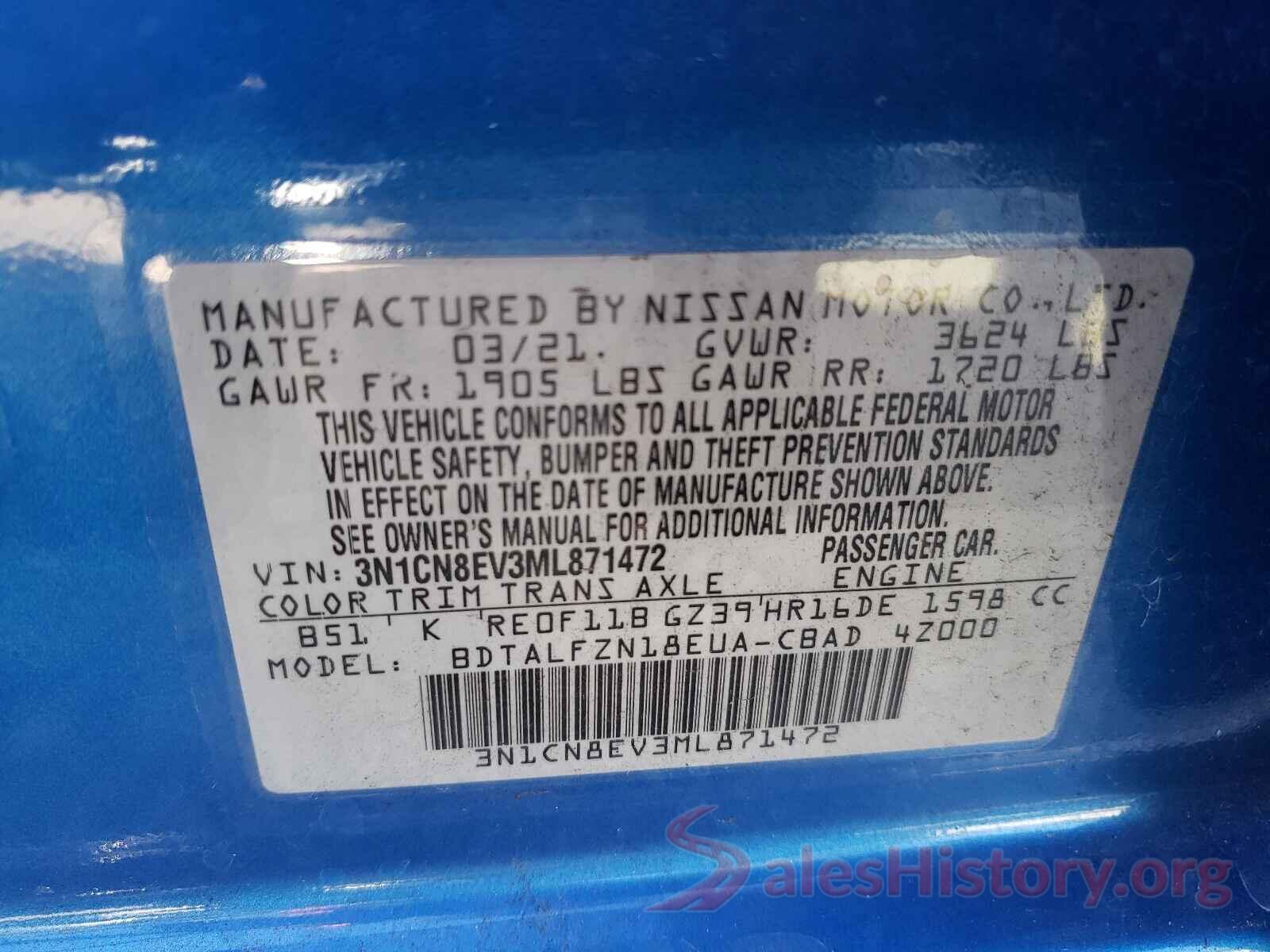 3N1CN8EV3ML871472 2021 NISSAN VERSA