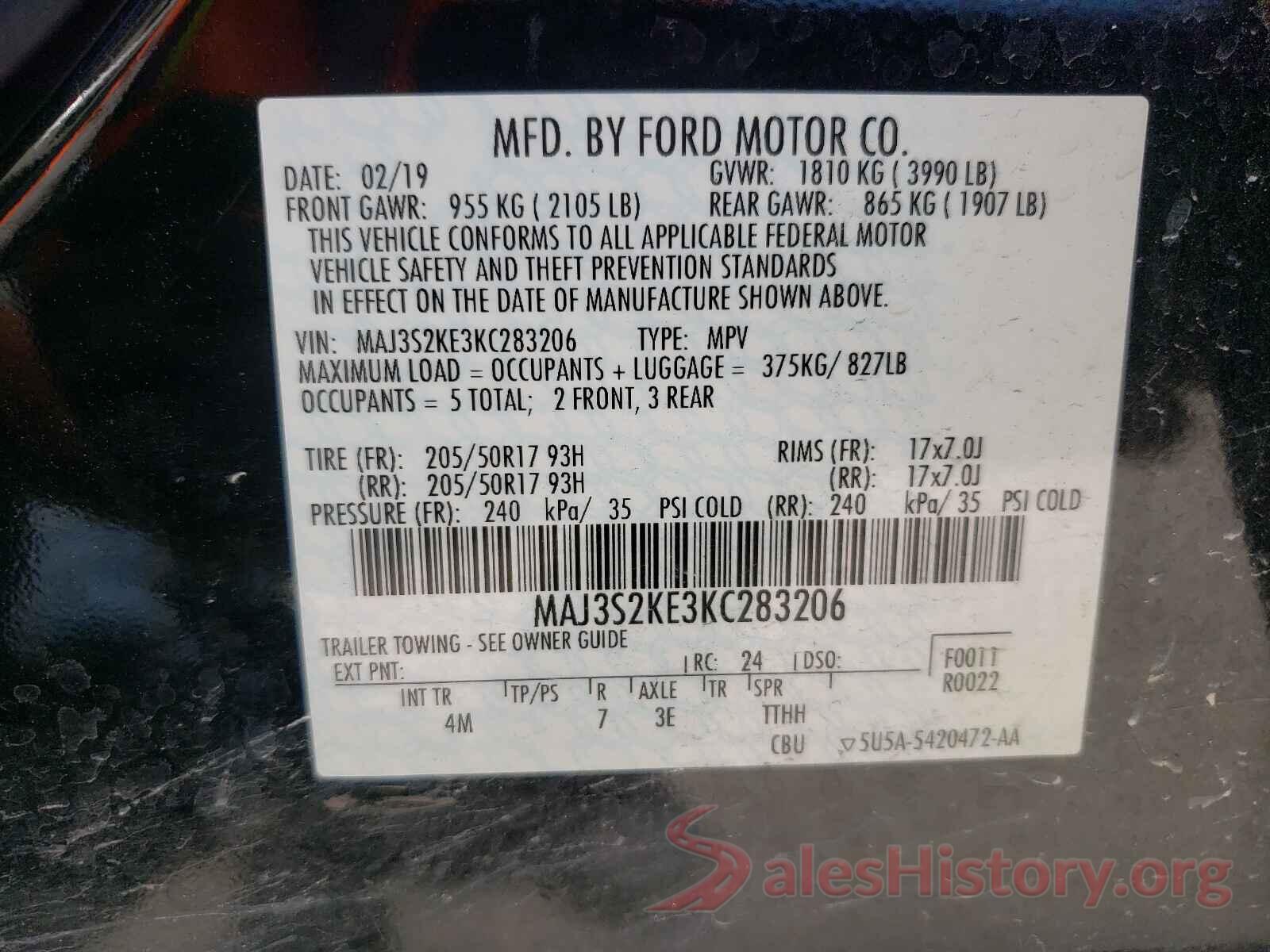 MAJ3S2KE3KC283206 2019 FORD ALL OTHER