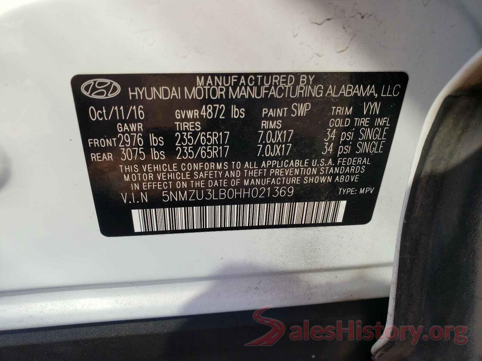 5NMZU3LB0HH021369 2017 HYUNDAI SANTA FE