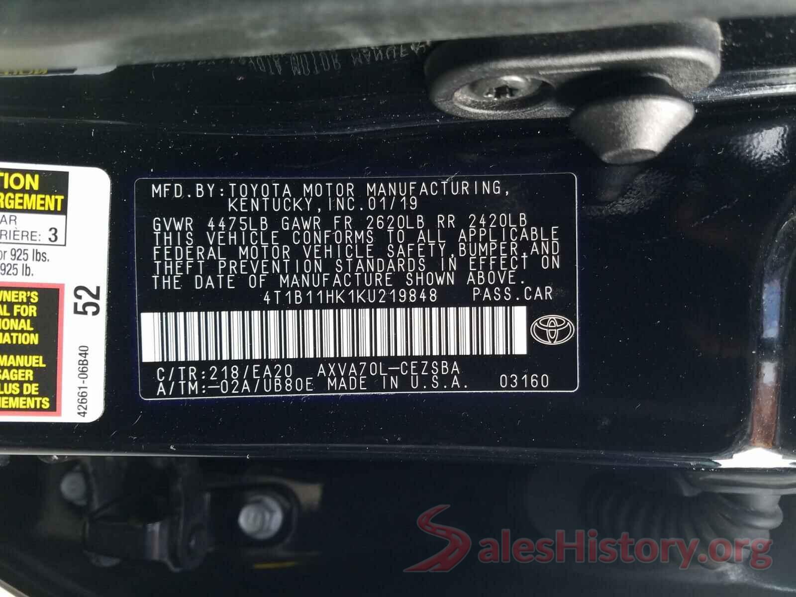 4T1B11HK1KU219848 2019 TOYOTA CAMRY