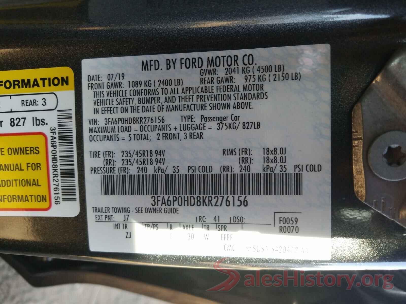 3FA6P0HD8KR276156 2019 FORD FUSION