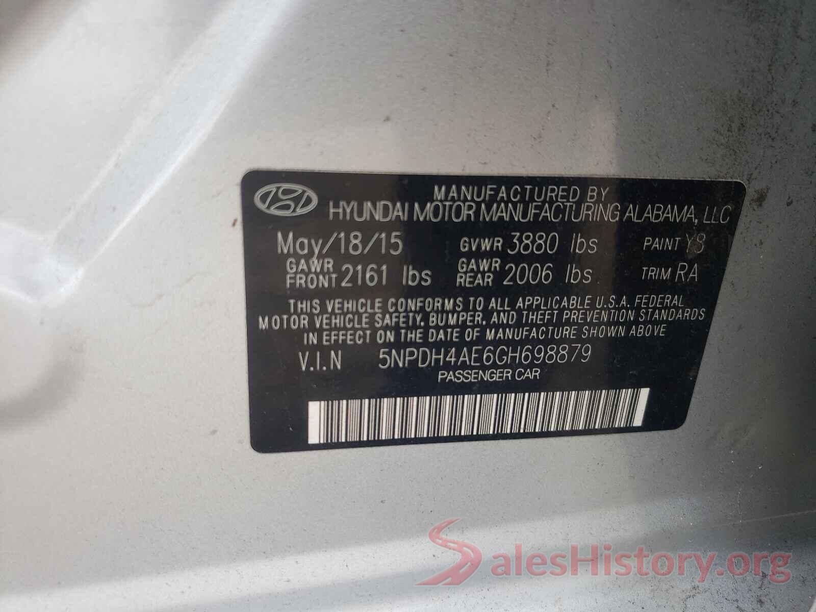 5NPDH4AE6GH698879 2016 HYUNDAI ELANTRA