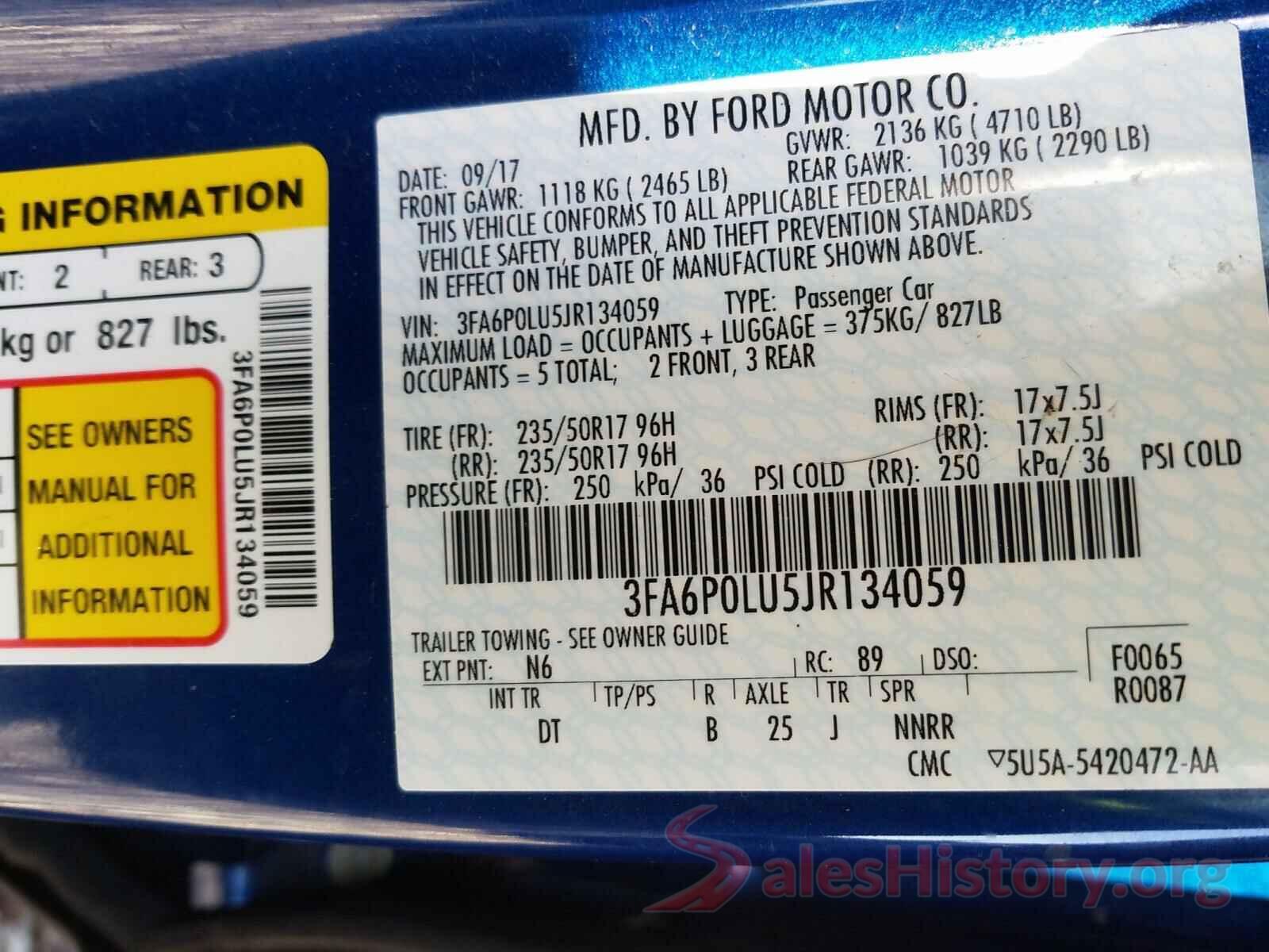 3FA6P0LU5JR134059 2018 FORD FUSION