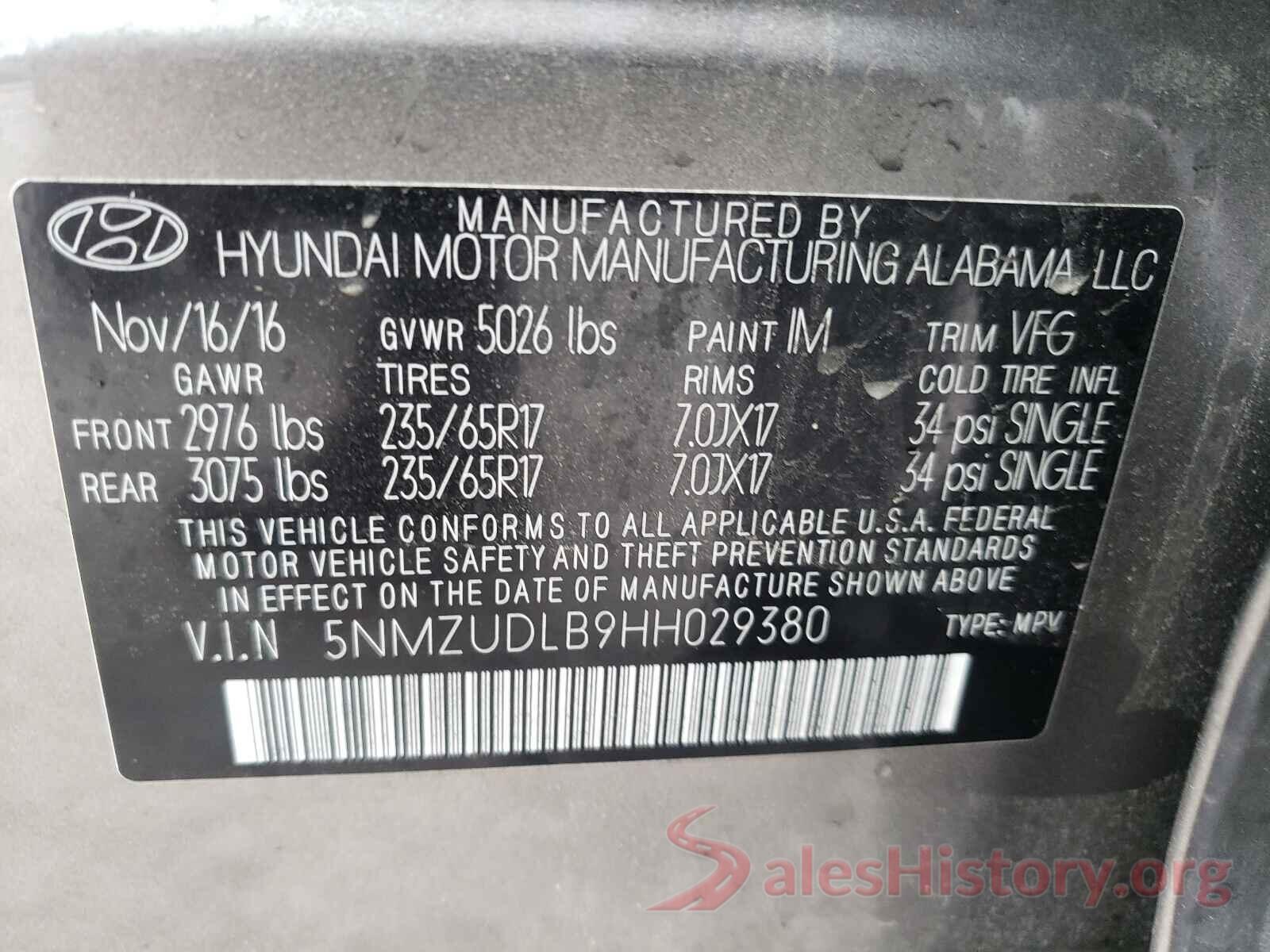 5NMZUDLB9HH029380 2017 HYUNDAI SANTA FE