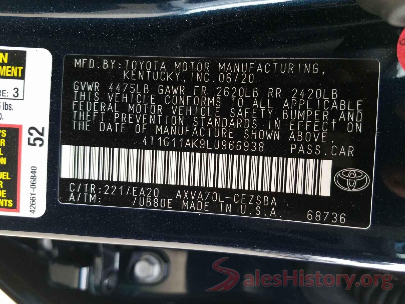 4T1G11AK9LU966938 2020 TOYOTA CAMRY