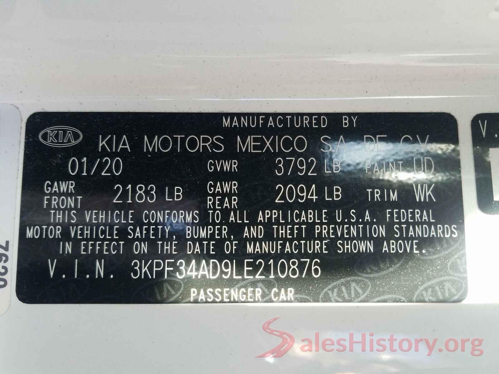 3KPF34AD9LE210876 2020 KIA FORTE