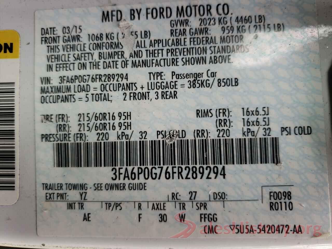 3FA6P0G76FR289294 2015 FORD FUSION