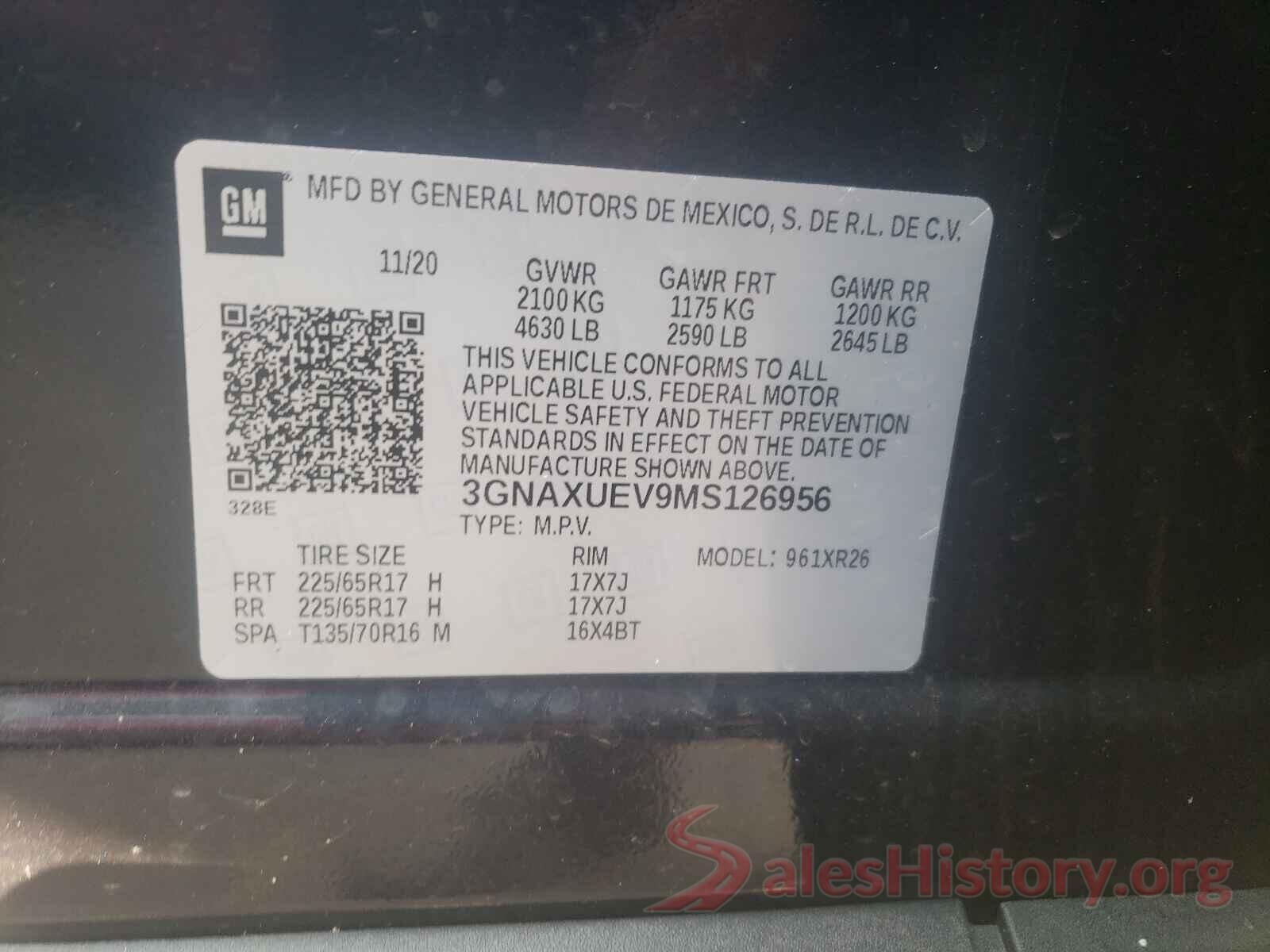 3GNAXUEV9MS126956 2021 CHEVROLET EQUINOX