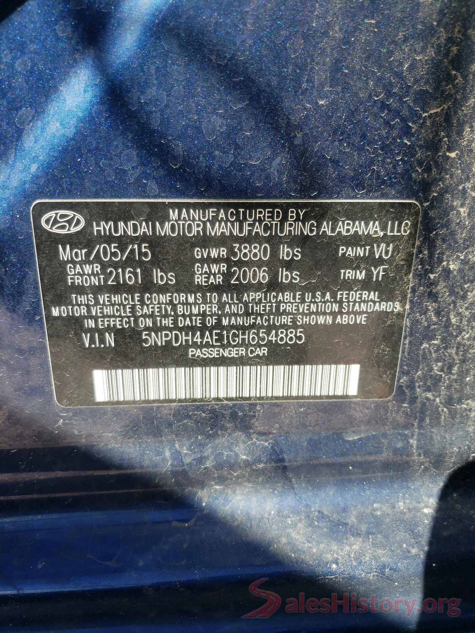 5NPDH4AE1GH654885 2016 HYUNDAI ELANTRA