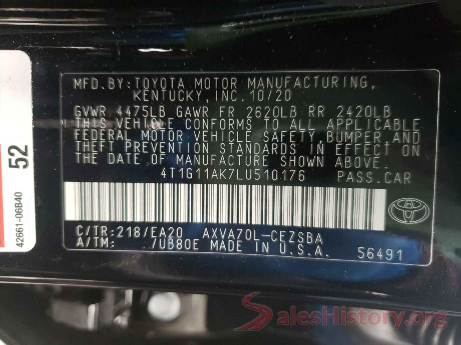 4T1G11AK7LU510176 2020 TOYOTA CAMRY