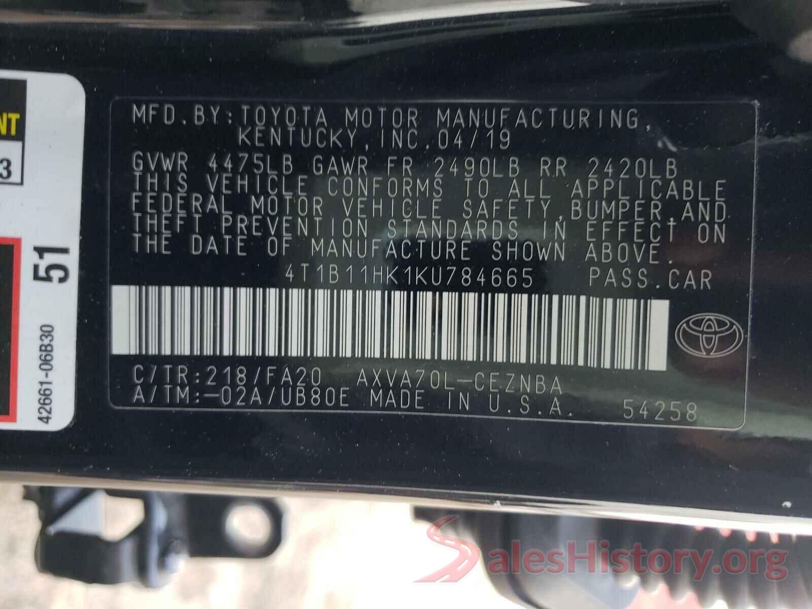 4T1B11HK1KU784665 2019 TOYOTA CAMRY