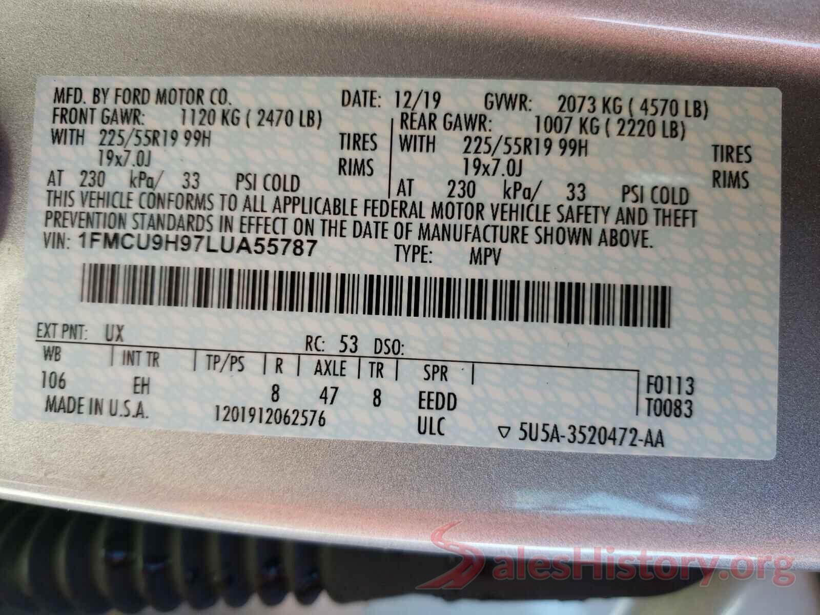 1FMCU9H97LUA55787 2020 FORD ESCAPE