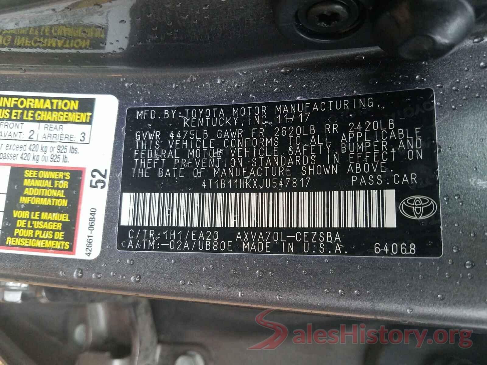 4T1B11HKXJU547817 2018 TOYOTA CAMRY