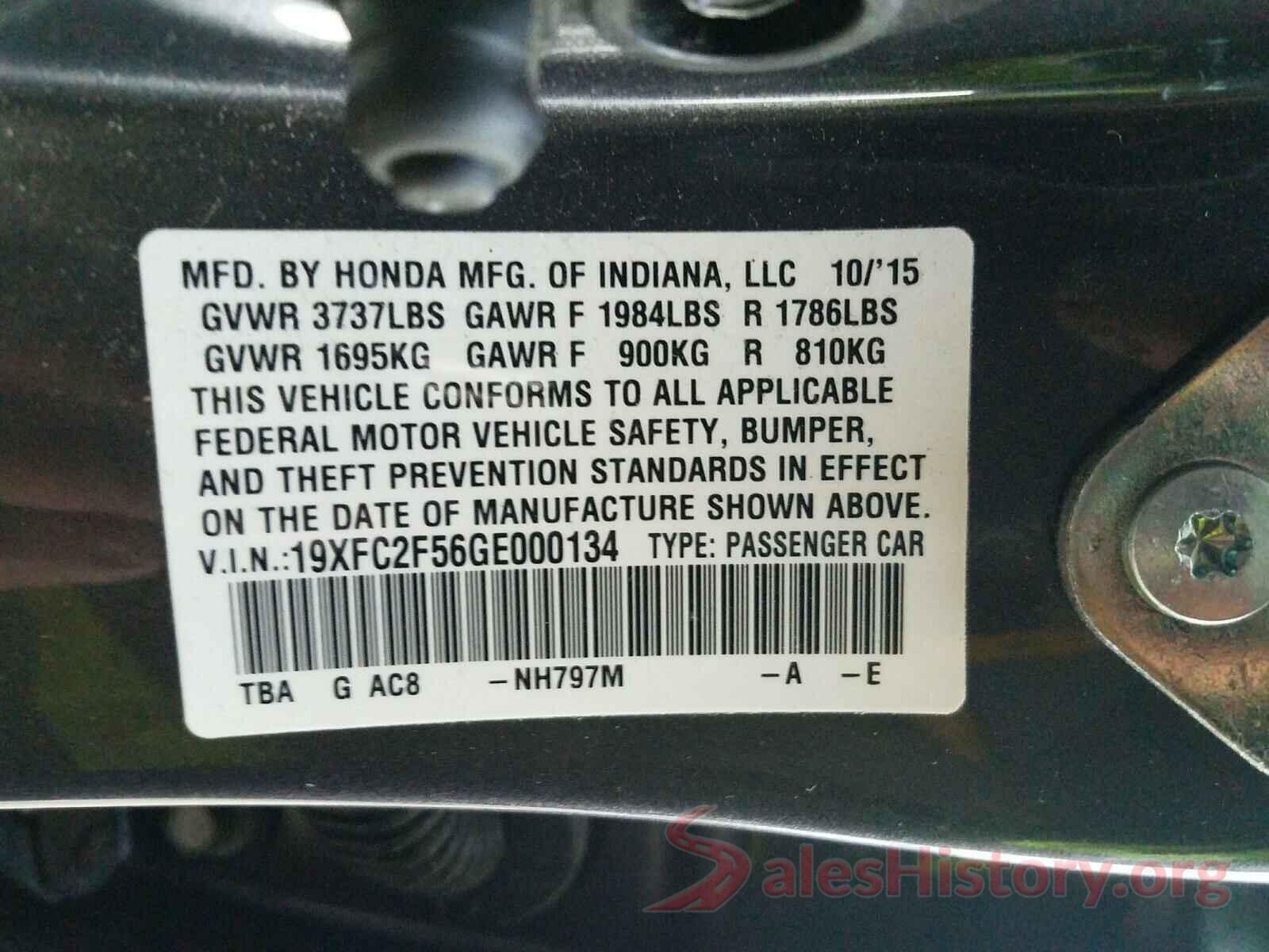 19XFC2F56GE000134 2016 HONDA CIVIC