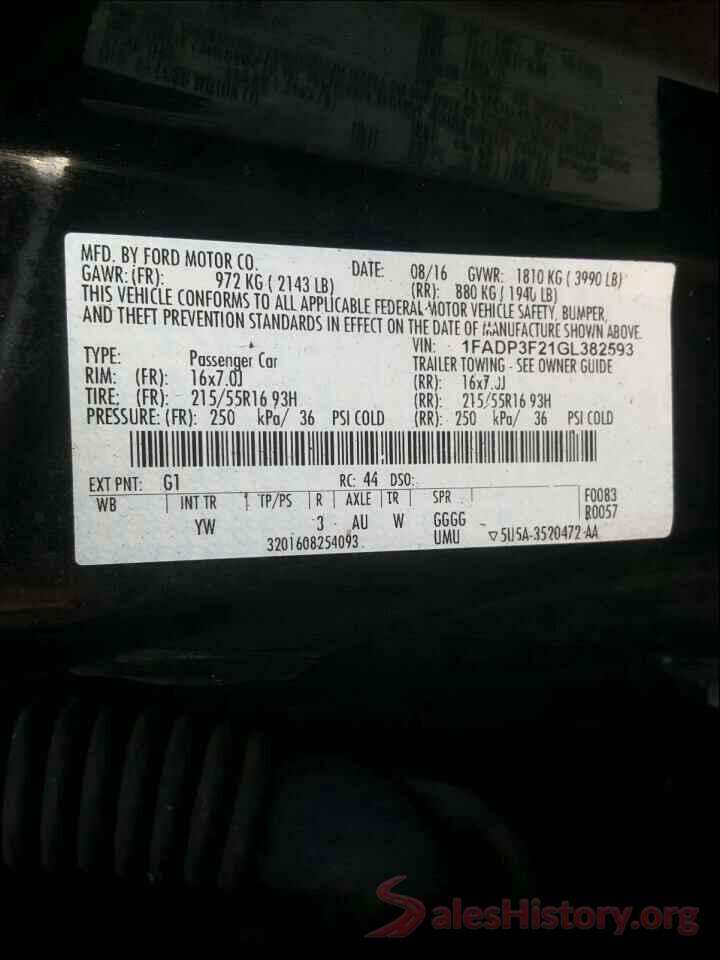 1FADP3F21GL382593 2016 FORD FOCUS