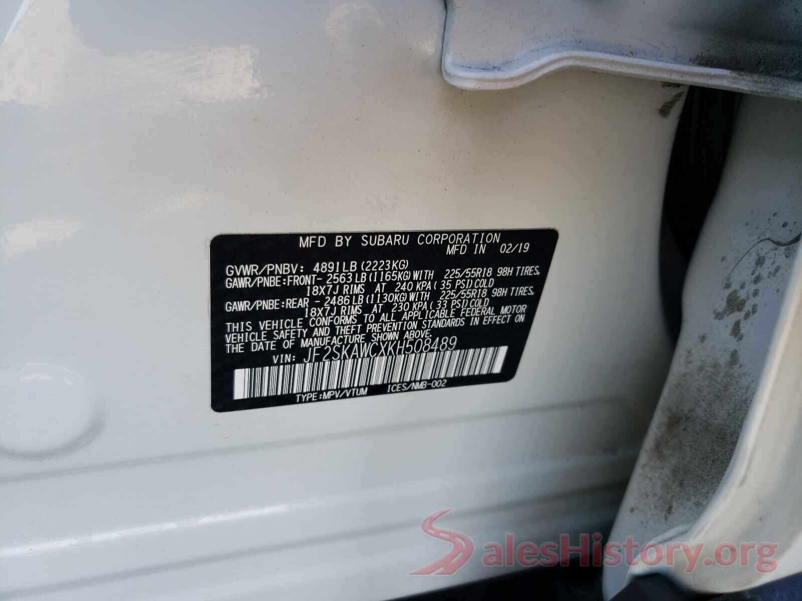 JF2SKAWCXKH508489 2019 SUBARU FORESTER