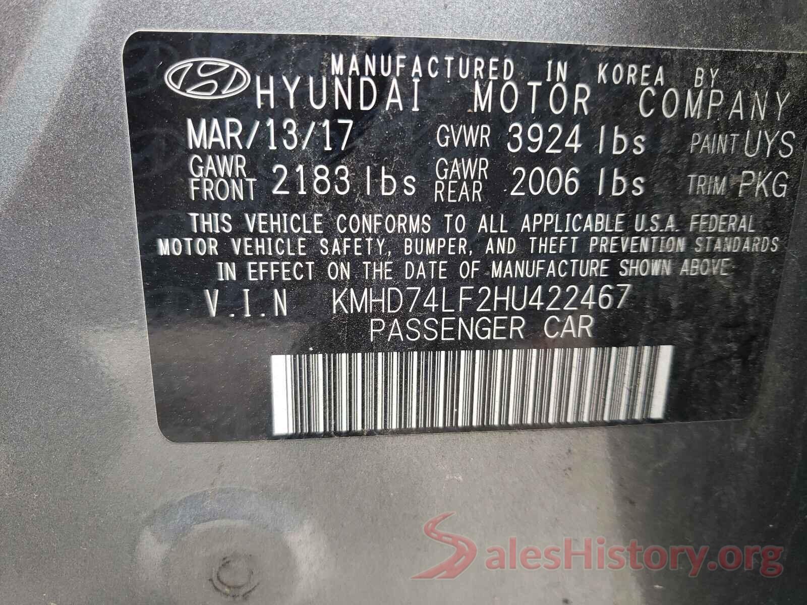 KMHD74LF2HU422467 2017 HYUNDAI ELANTRA