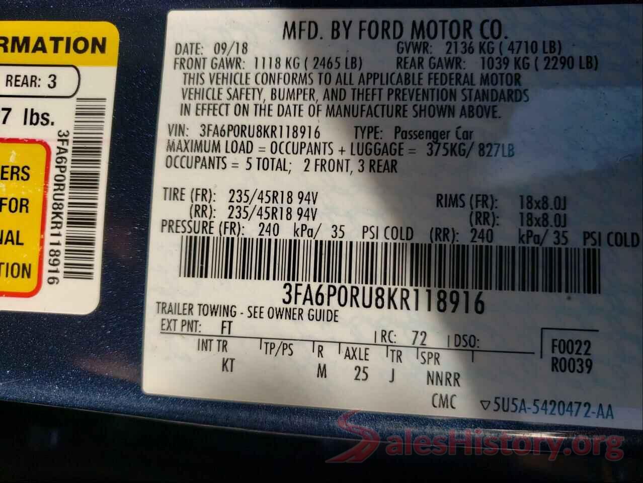 3FA6P0RU8KR118916 2019 FORD FUSION