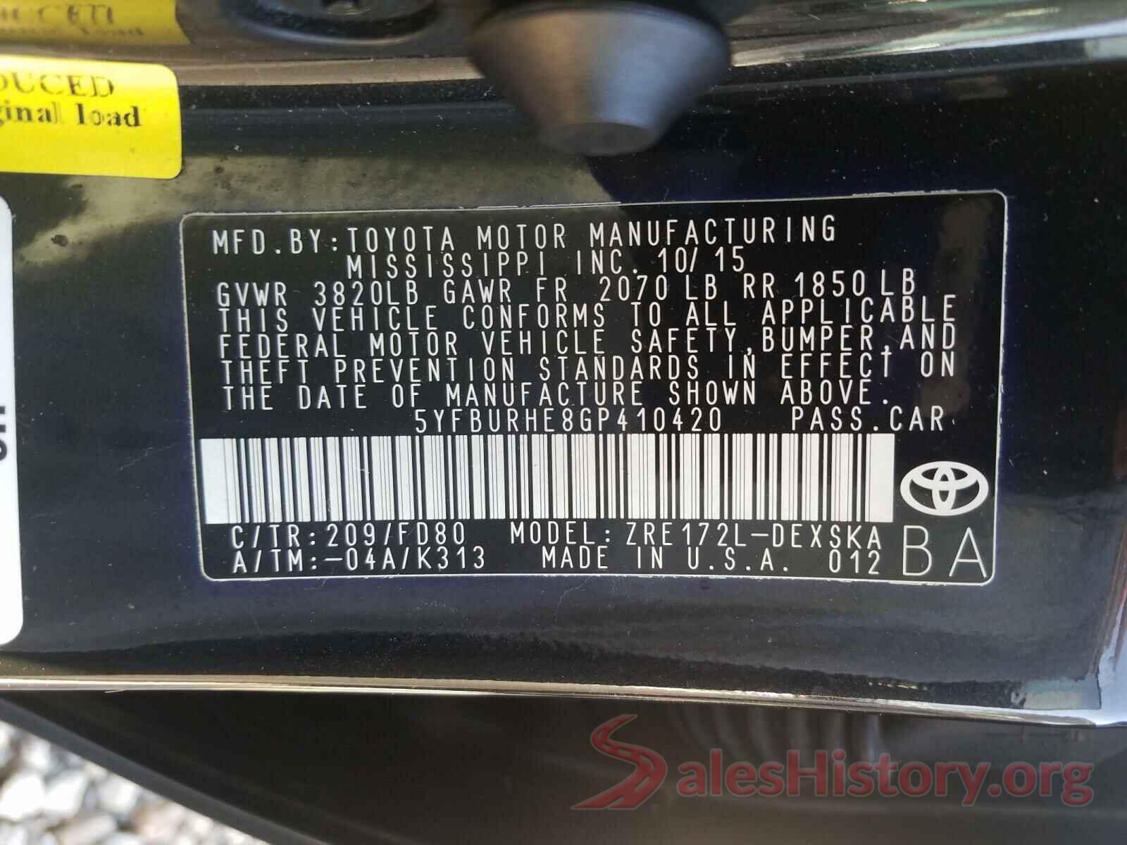 5YFBURHE8GP410420 2016 TOYOTA COROLLA