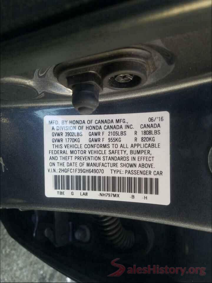 2HGFC1F39GH649070 2016 HONDA CIVIC