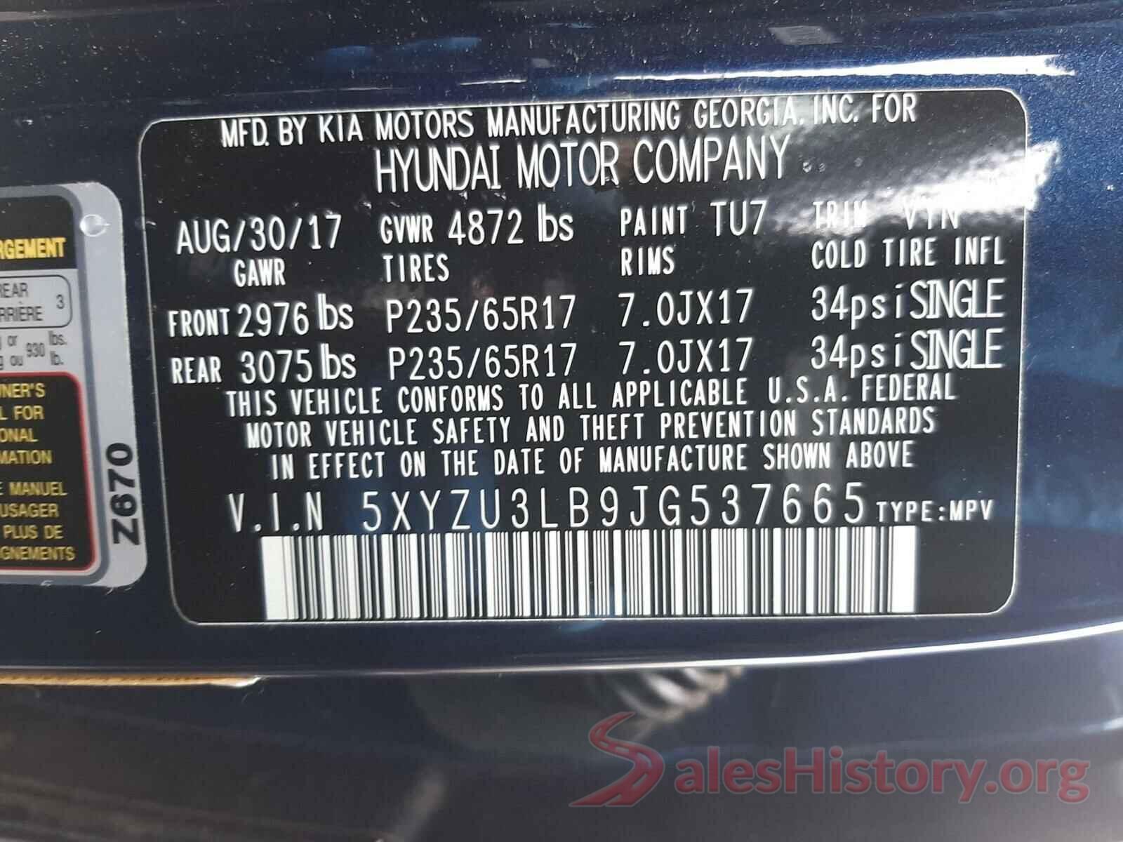 5XYZU3LB9JG537665 2018 HYUNDAI SANTA FE