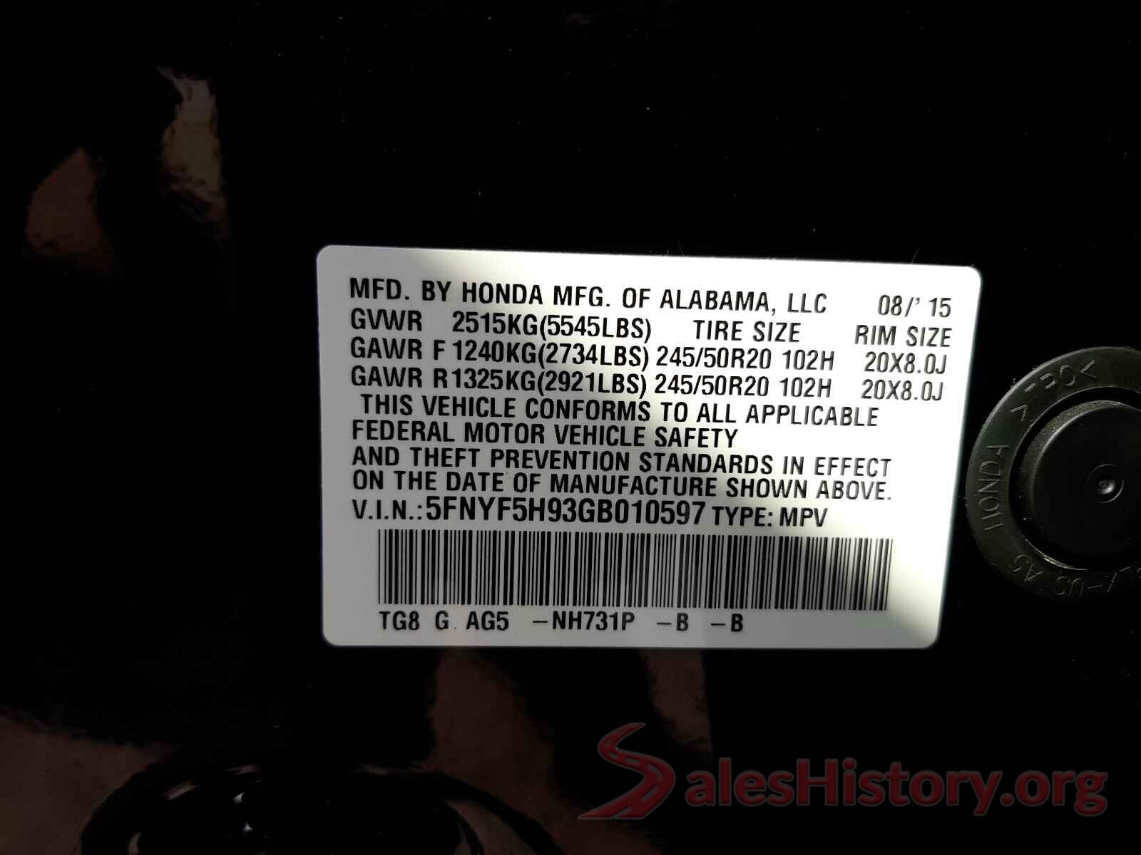 5FNYF5H93GB010597 2016 HONDA PILOT