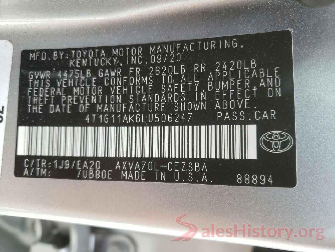 4T1G11AK6LU506247 2020 TOYOTA CAMRY