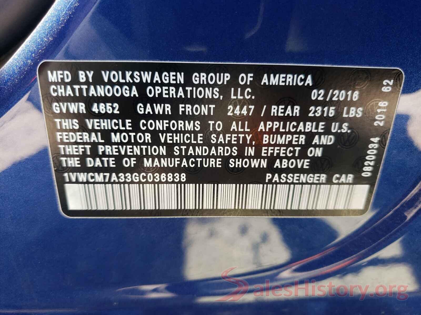 1VWCM7A33GC036838 2016 VOLKSWAGEN PASSAT