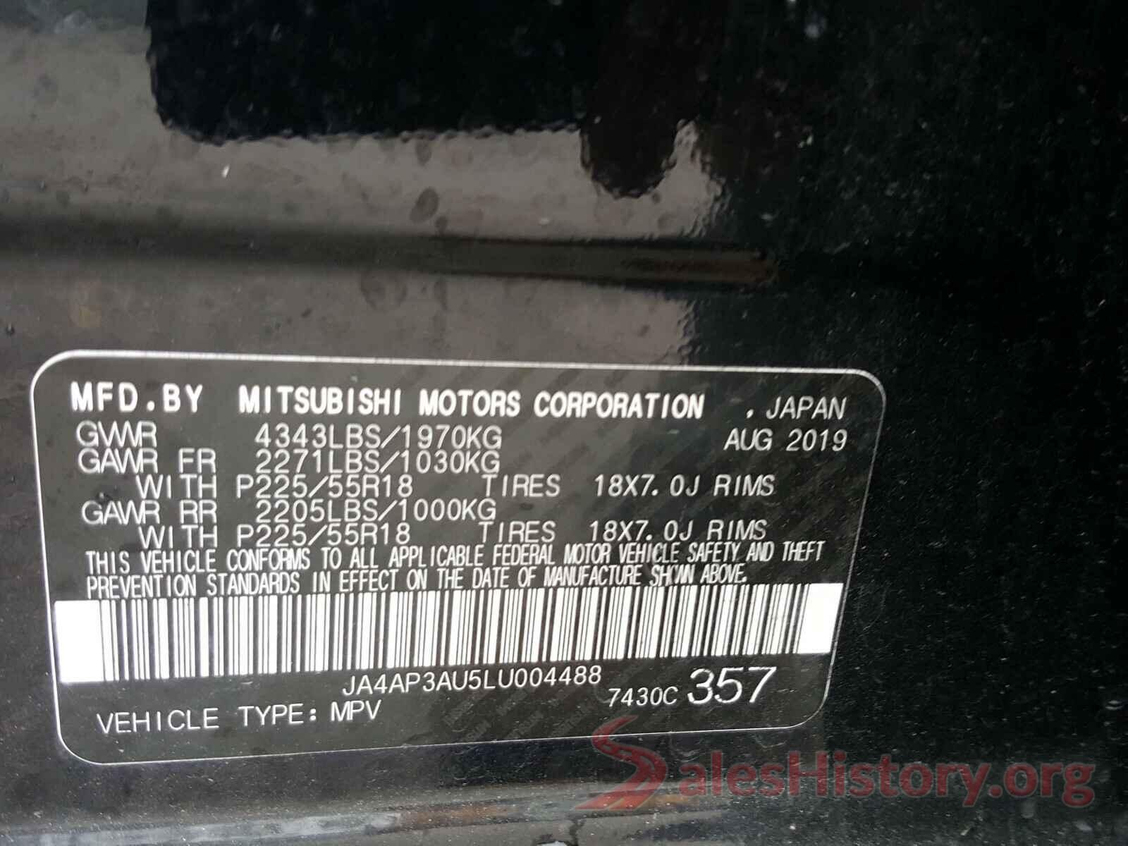 JA4AP3AU5LU004488 2020 MITSUBISHI OUTLANDER