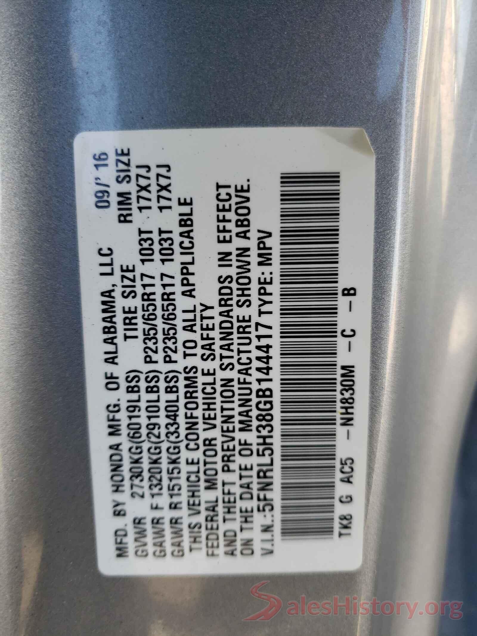 5FNRL5H38GB144417 2016 HONDA ODYSSEY