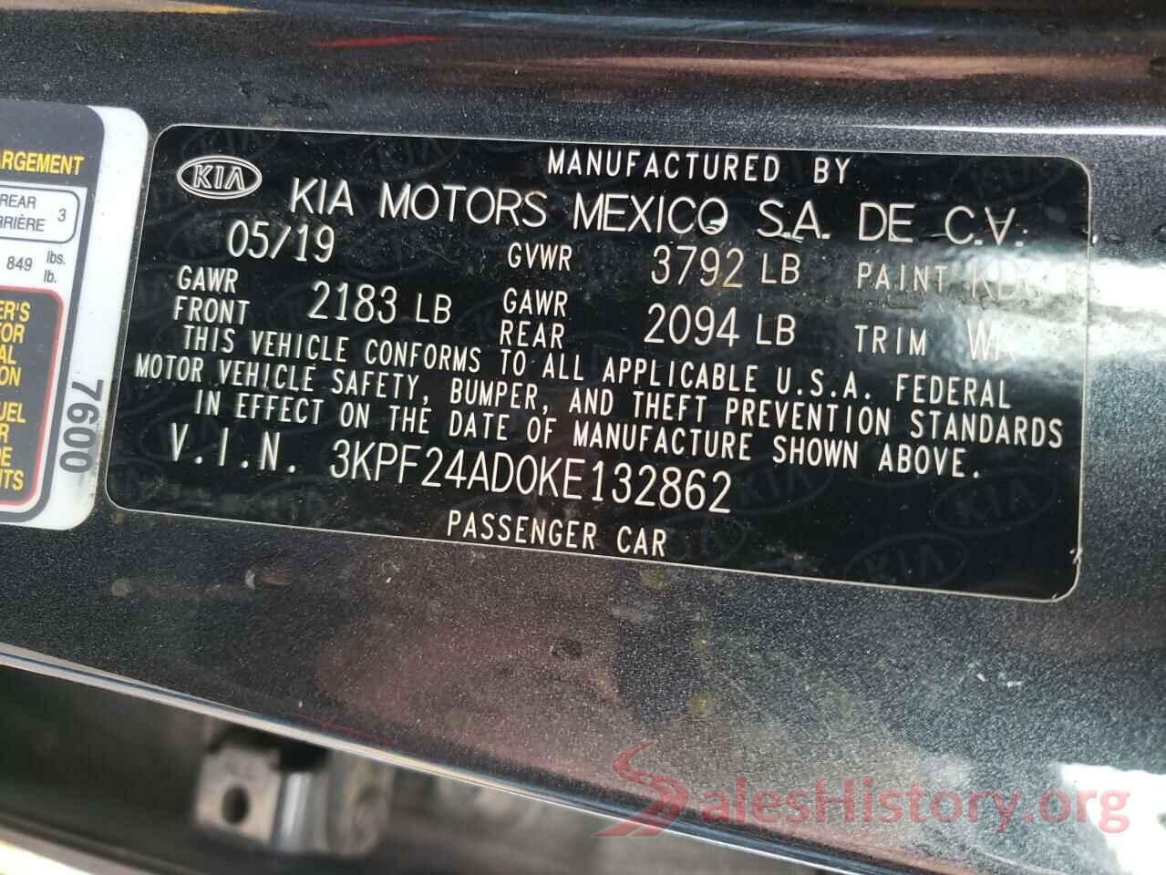 3KPF24AD0KE132862 2019 KIA FORTE