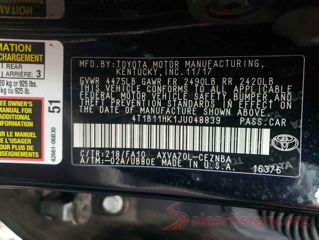 4T1B11HK1JU048839 2018 TOYOTA CAMRY