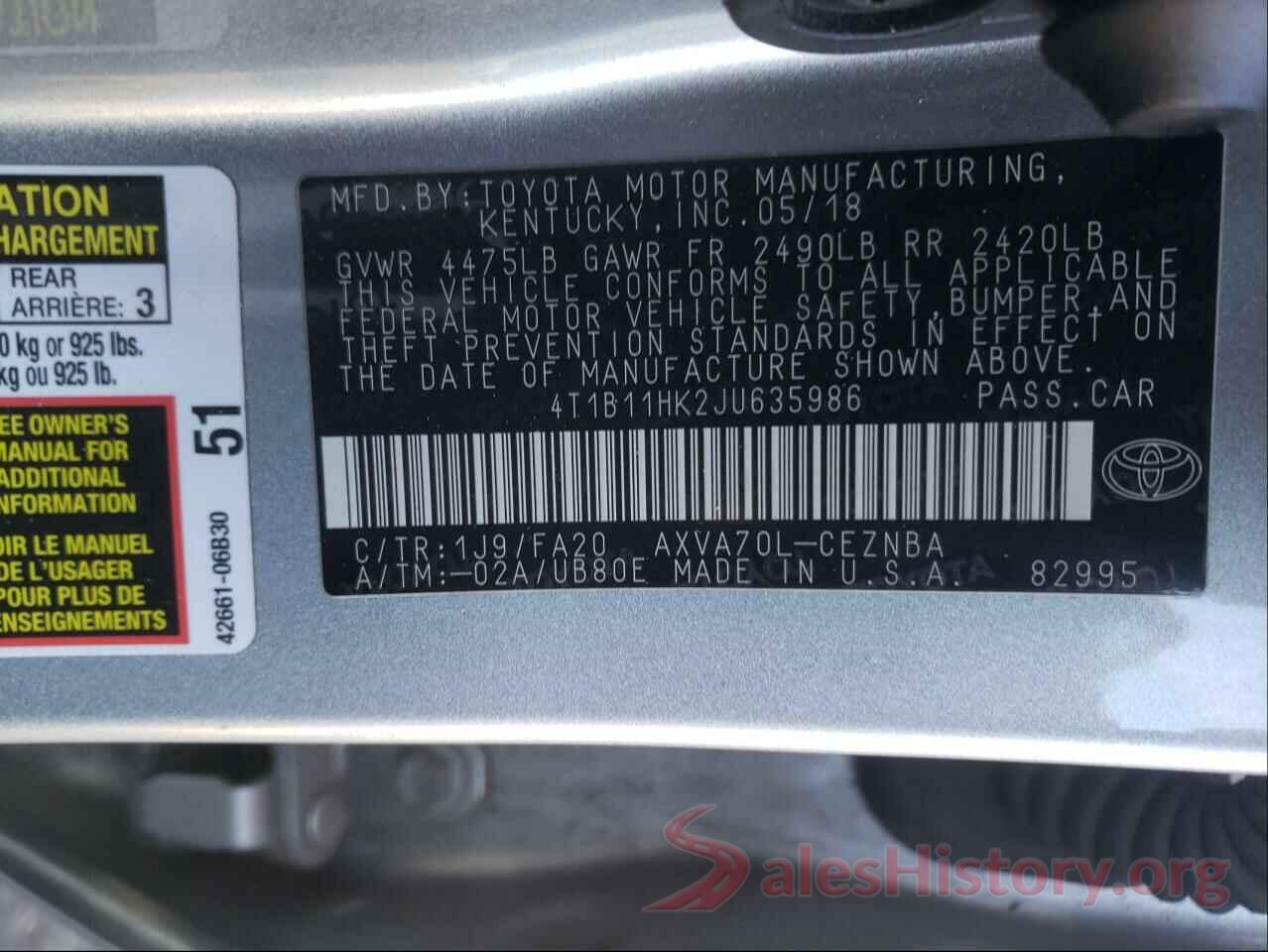 4T1B11HK2JU635986 2018 TOYOTA CAMRY