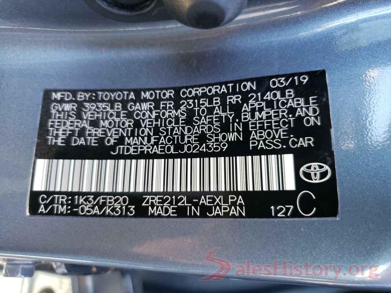 JTDEPRAE0LJ024359 2020 TOYOTA COROLLA