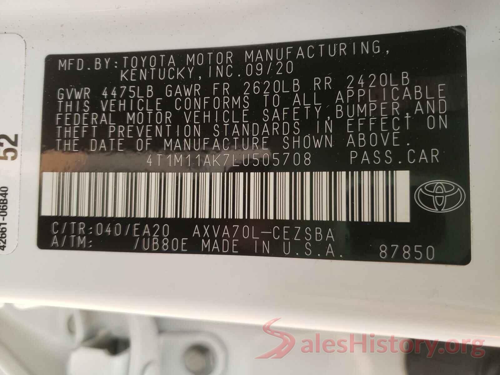 4T1M11AK7LU505708 2020 TOYOTA CAMRY