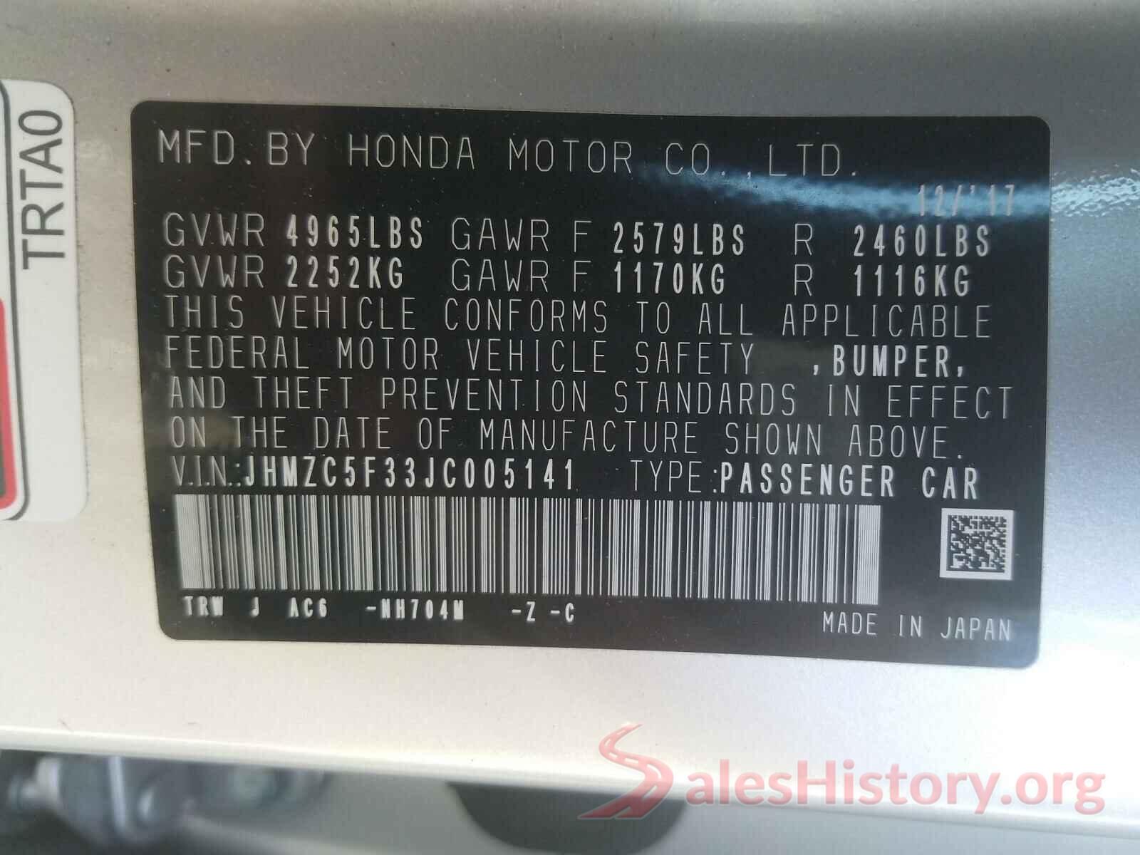 JHMZC5F33JC005141 2018 HONDA CLARITY