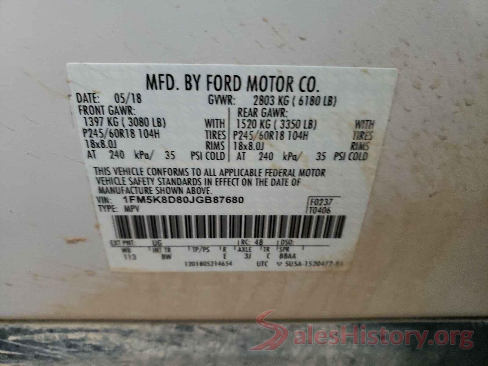 1FM5K8D80JGB87680 2018 FORD EXPLORER