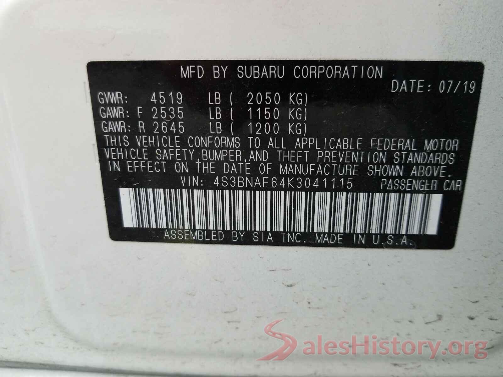 4S3BNAF64K3041115 2019 SUBARU LEGACY