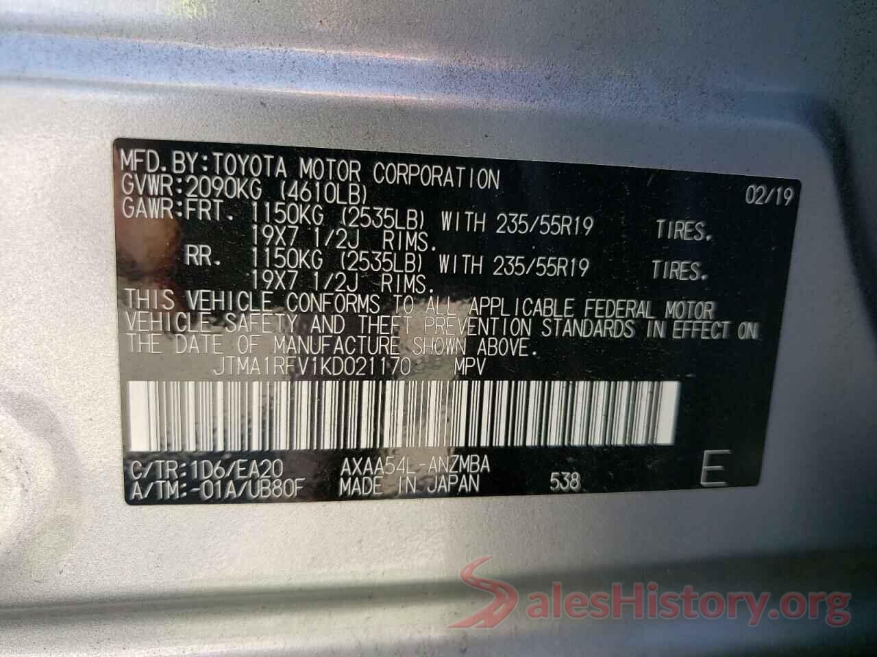 JTMA1RFV1KD021170 2019 TOYOTA RAV4