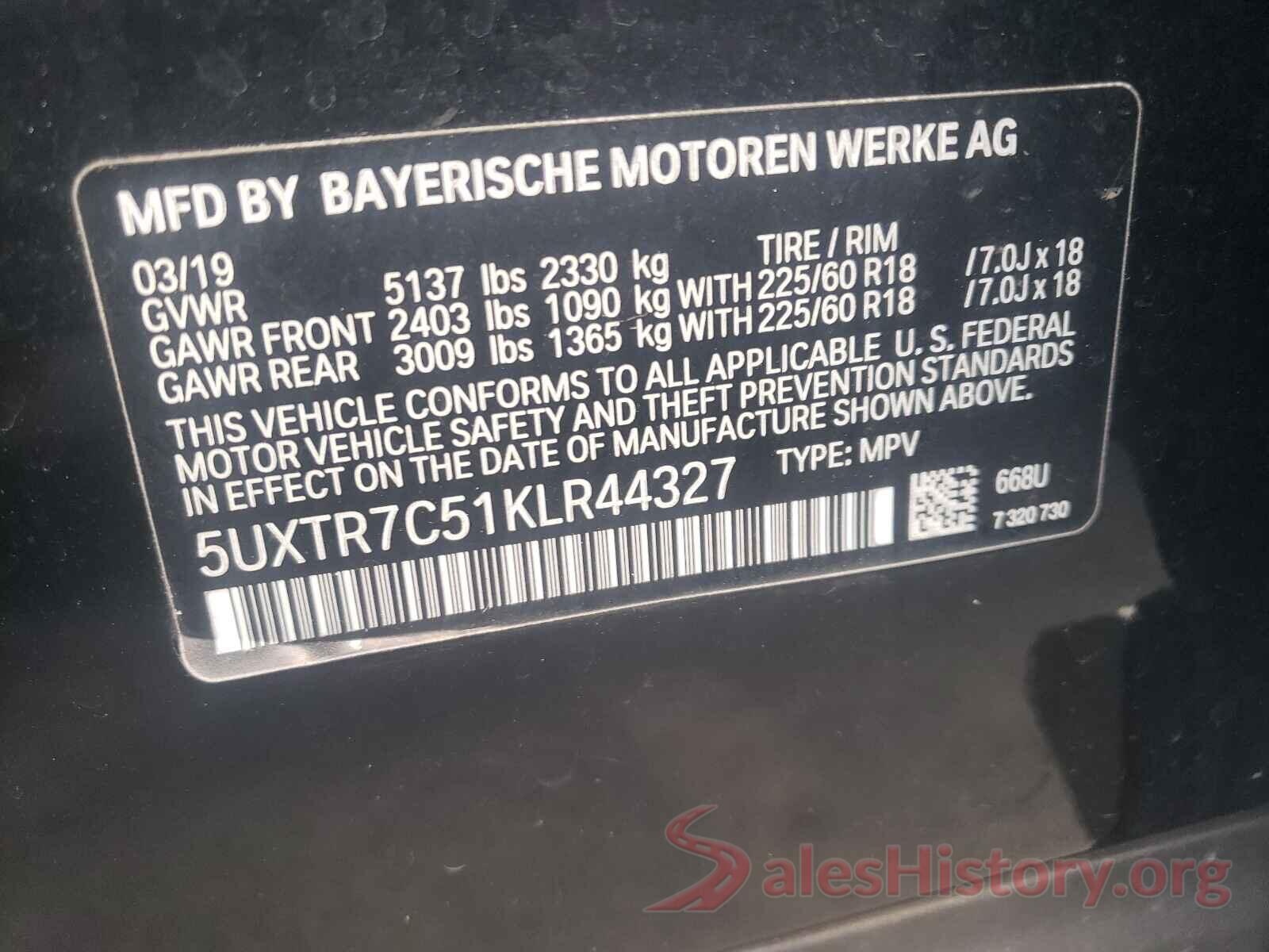 5UXTR7C51KLR44327 2019 BMW X3